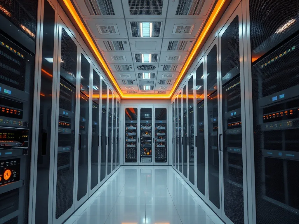 Professional high-tech server room with golden lighting acce
